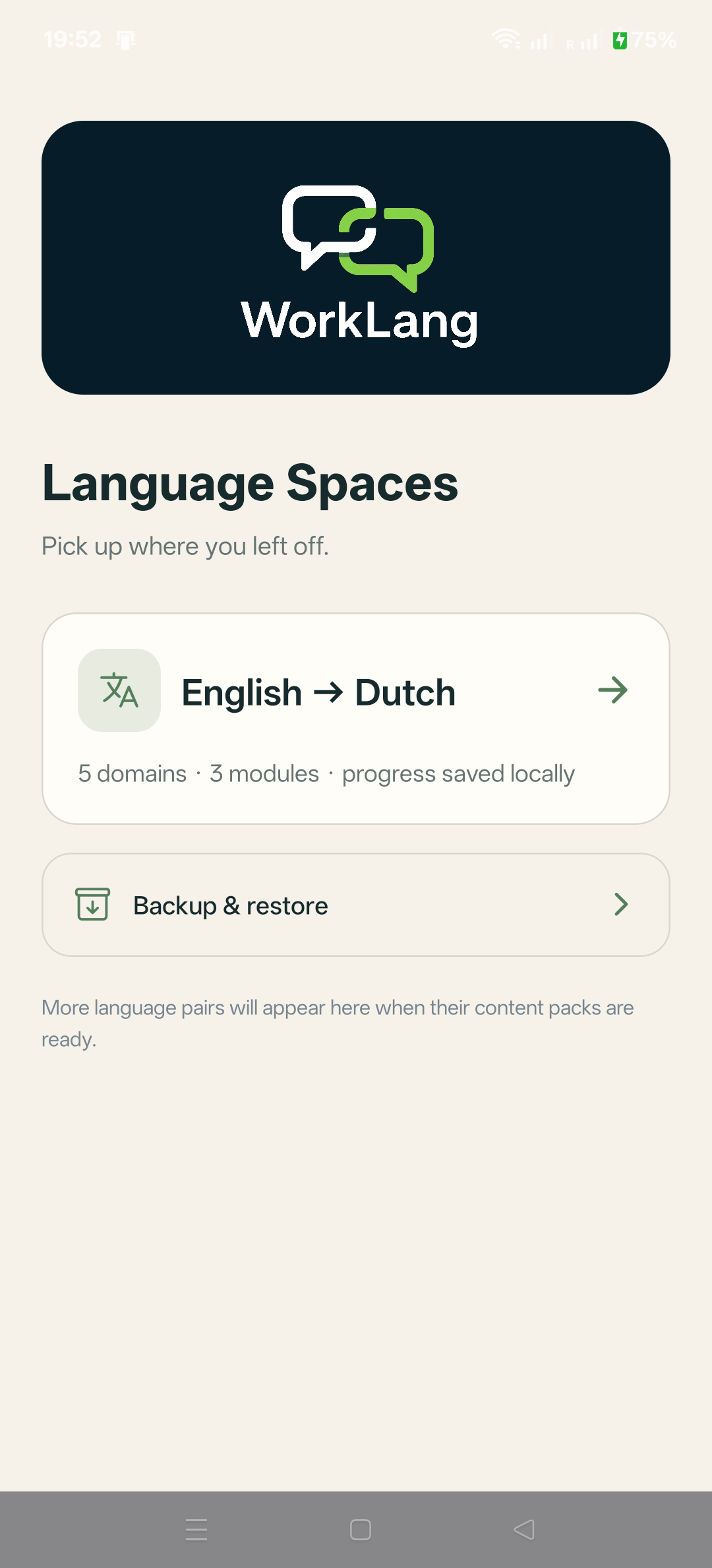 Real WorkLang Language Spaces screen