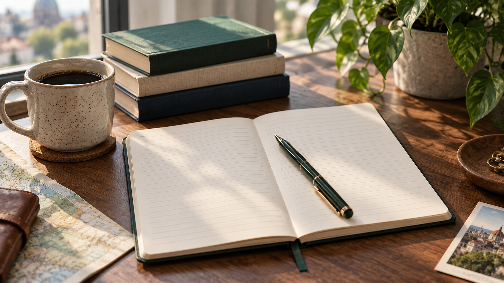 An open language notebook and coffee at a quiet work desk